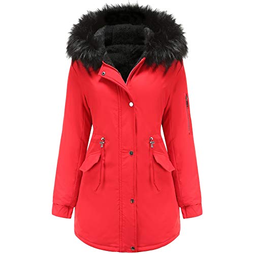 GITVIENAR Winterjacke Damen Mantel mit Kunstpelz Winterparka Übergangs Trenchcoat mit Kunstfell Kordelzug (Rot, M) von GITVIENAR