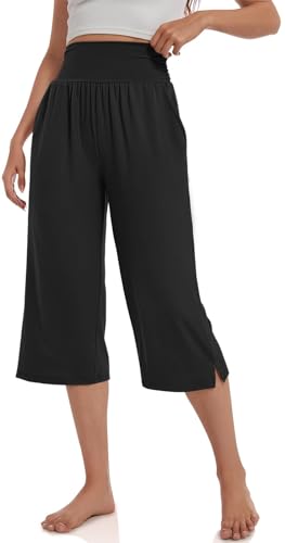 GITVIENAR Yogahose DamenHaremshoseCaprihose 3/4 Lockere Pilates Hosen Leichte Jogginghose Luftige Sommerhose Sweatpants für Training Sport Freizeit (Schwarz,L) von GITVIENAR
