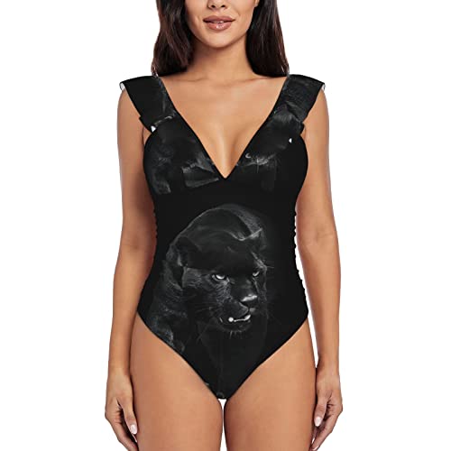 Animal Panther Damen Badeanzug mit Rüschen und V-Ausschnitt, Schwarz , XL von GIULIZ