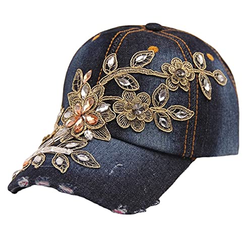GIVBRO Baseballkappe Damen Denim Hut Stickerei Blume Strass Sonnenblende Hut Verstellbar Sport Casual Cap von GIVBRO