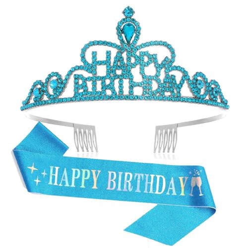 GIVBRO Diadem mit Aufschrift "Happy Birthday", Strass-Krone mit Kämmen, Happy Birthday, Schärpe für Damen und Mädchen, Party-Dekorationen (#A) von GIVBRO