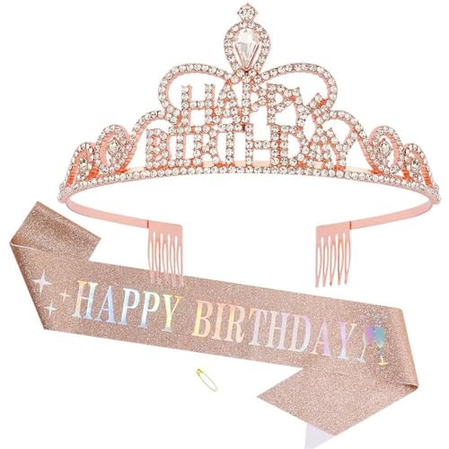 GIVBRO Diadem mit Aufschrift "Happy Birthday", Strass-Krone mit Kämmen, Happy Birthday, Schärpe für Damen und Mädchen, Party-Dekorationen (#C) von GIVBRO