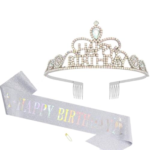 GIVBRO Diadem mit Aufschrift "Happy Birthday", Strass-Krone mit Kämmen, Happy Birthday, Schärpe für Damen und Mädchen, Party-Dekorationen (#F) von GIVBRO