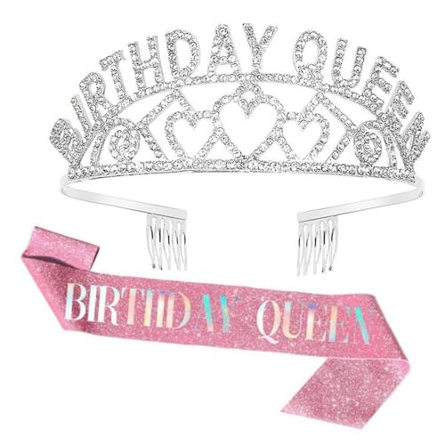 GIVBRO Geburtstag Königin Tiara Liebesherz Strass Krone mit Kämmen Geburtstag Königin Schärpe Geburtstag Party Zubehör für Frauen (#E) von GIVBRO
