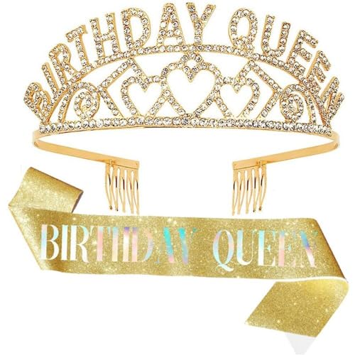 GIVBRO Geburtstag Königin Tiara Liebesherz Strass Krone mit Kämmen Geburtstag Königin Schärpe Geburtstag Party Zubehör für Frauen (#G) von GIVBRO