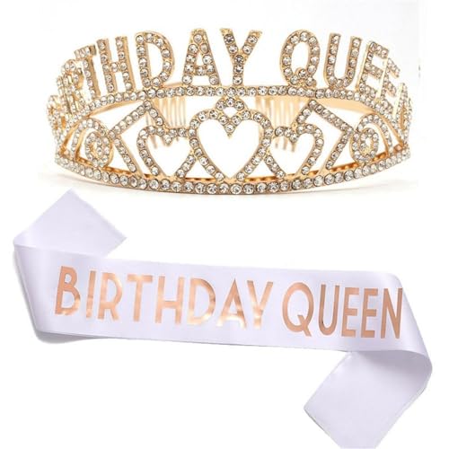 GIVBRO Geburtstag Königin Tiara Liebesherz Strass Krone mit Kämmen Geburtstag Königin Schärpe Geburtstag Party Zubehör für Frauen (#J) von GIVBRO