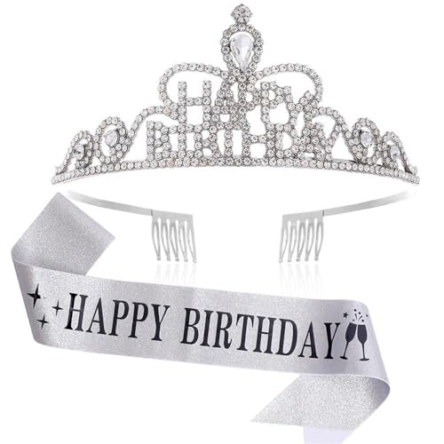 GIVBRO Happy Birthday Tiara, Haarreif, Strass-Krone mit Kämmen, Happy Birthday, Schärpe für Damen und Mädchen, Party-Dekorationen (#E) von GIVBRO