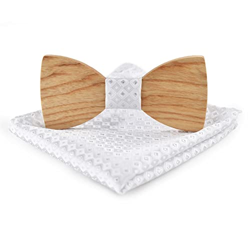 GIVBRO Herren Holz Fliege Einstecktuch Schal Vintage Hochzeit Fliege Taschentuch für Party Bühne Show Dress Up Weiß von GIVBRO