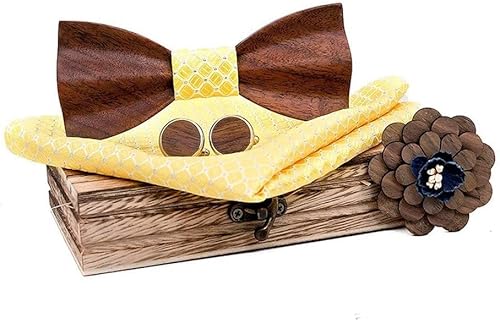 GIVBRO Holz-Fliege, Manschettenknöpfe, Brosche, quadratisch, für Herren, Hochzeitsanzug, Accessoires, mit Geschenkbox, Gelb von GIVBRO