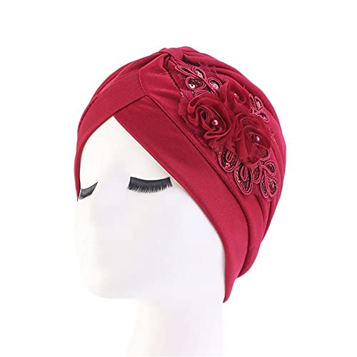 GIVBRO Pailletten Turban Kappen 3D Blume Kopfbedeckung Samt Wrap Haarkappe Plissee Stirnband Chemo Hüte Nightcap für Frauen Haarausfall Hut Rotwein von GIVBRO