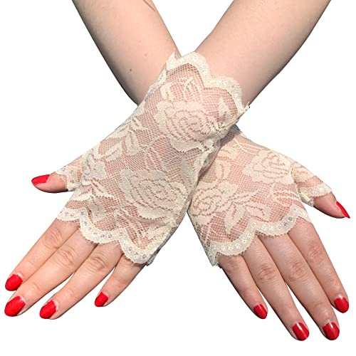 GIVBRO Spitze Handschuhe Fingerlose Fäustlinge Vintage Braut Handschuhe Zubehör für Verkleidung Tanzparty Bars Hochzeit Dress Up Beige von GIVBRO