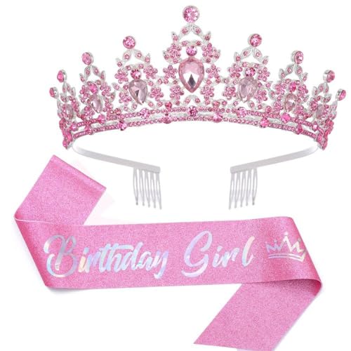 GIVBRO Strass-Tiara-Krone mit Kämmen für Geburtstag, Mädchen, Schärpe, Abschlussball, Party-Kostüme für Frauen, Mädchen, Geburtstagsdekorationen, Zubehör, Einheitsgröße, Metalllegierung von GIVBRO