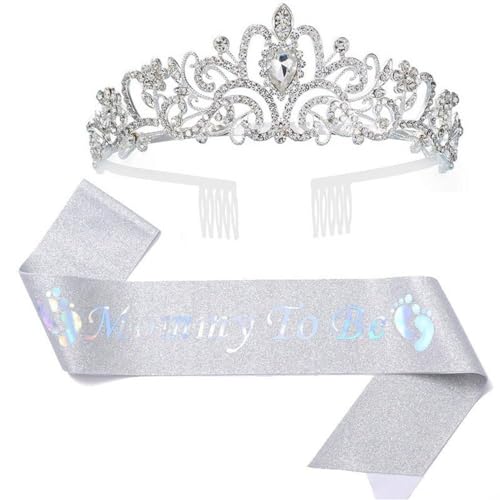 GIVBRO Strass-Tiara-Krone mit Kämmen und Schärpe für werdende Mütter, Babyparty, Party-Dekoration, Einheitsgröße, Metalllegierung von GIVBRO