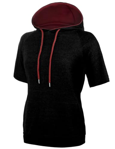 GIVON Bequemer Damen-Kapuzenpullover mit Tasche, kurzärmeliges Kapuzen-Sweatshirt, DCF253-black/red, L von GIVON