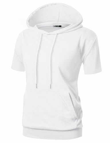 GIVON Damen Bequemer Kurzarm Hoodie Pullover Kapuzenpullover Sweatshirt mit Kängurutasche, DCF169-Weiß, 3XL von GIVON