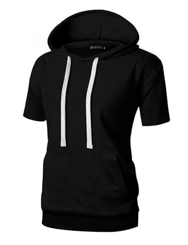 GIVON Damen Bequemer Kurzarm Hoodie Pullover Kapuzenpullover Sweatshirt mit Kängurutasche, DCF170-Schwarz, M von GIVON