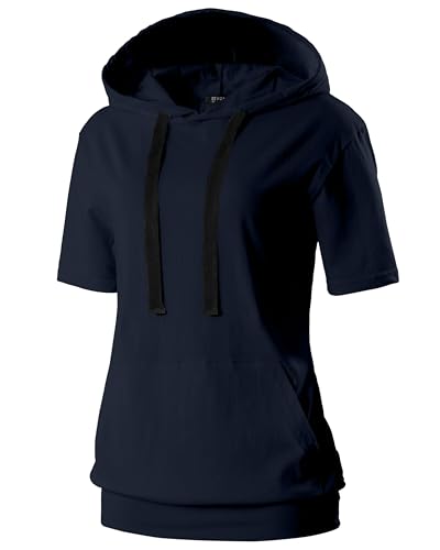 GIVON Damen Bequemer Kurzarm Hoodie Pullover Kapuzenpullover Sweatshirt mit Kängurutasche, DCF171, Marineblau, XL von GIVON