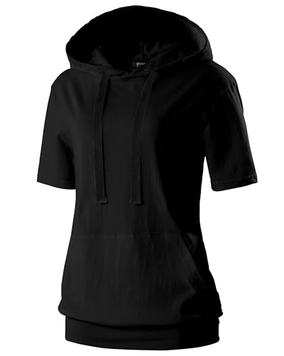 GIVON Damen Bequemer Kurzarm Hoodie Pullover Kapuzenpullover Sweatshirt mit Kängurutasche, DCF171-Schwarz, L von GIVON