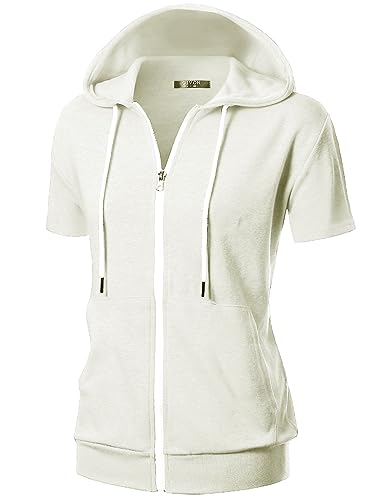 GIVON Damen-Kapuzenpullover mit Reißverschluss, schmale Passform, kurze Ärmel, dünne Jacke, durchgehender Reißverschluss, Sweatshirt mit Übergröße, DCF207-Elfenbein, 3XL von GIVON
