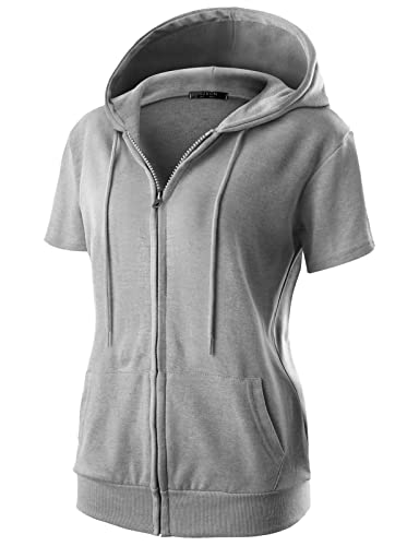 GIVON Damen-Kapuzenpullover mit Reißverschluss, schmale Passform, kurze Ärmel, dünne Jacke, durchgehender Reißverschluss, Sweatshirt mit Übergröße, DCF256-Grau, L von GIVON