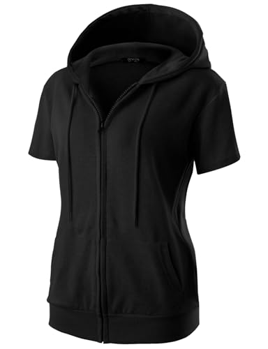GIVON Damen-Kapuzenpullover mit Reißverschluss, schmale Passform, kurze Ärmel, dünne Jacke, durchgehender Reißverschluss, Sweatshirt mit Übergröße, DCF256-Schwarz, L von GIVON