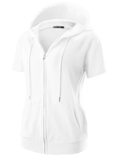 GIVON Damen-Kapuzenpullover mit Reißverschluss, schmale Passform, kurze Ärmel, dünne Jacke, durchgehender Reißverschluss, Sweatshirt mit Übergröße, DCF256-Weiß, XXL von GIVON