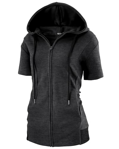 GIVON Damen-Kapuzenpullover mit Reißverschluss, schmale Passform, kurze Ärmel, dünne Jacke, durchgehender Reißverschluss, Sweatshirt mit Übergröße, DCF257-Charcoal, Large von GIVON