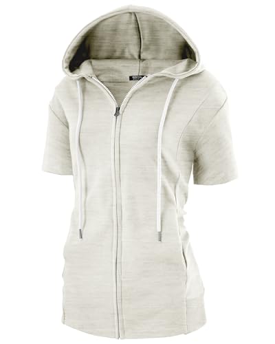 GIVON Damen-Kapuzenpullover mit Reißverschluss, schmale Passform, kurze Ärmel, dünne Jacke, durchgehender Reißverschluss, Sweatshirt mit Übergröße, DCF257-Haferflocken, Small von GIVON