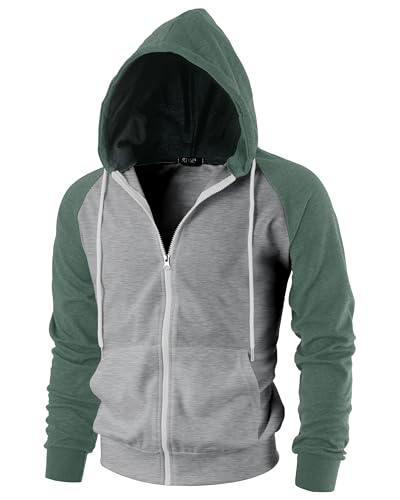 GIVON Männer Slim Fit Langarm Leicht Raglan Zip-up Hoodie mit Kanga Tasche Dcf017-Grau/Jade Grün Große von GIVON