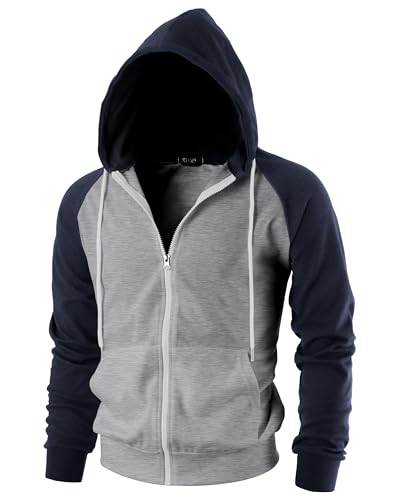 GIVON Männer Slim Fit Langarm Leicht Raglan Zip-up Hoodie mit Kanga Tasche Dcf017-Grau/Navy Medium von GIVON