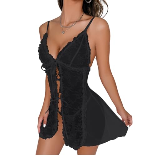GIVTULIP Damen 2 Stück Nachthemd Dessous-Sets Morgenmantel mit Spitze Babydoll Braut Nachtkleid Nachtwäsche Dessous-Sets Reizwäsche Sommer Nightdress Lingerie Negligee Kleid mit G-String von GIVTULIP