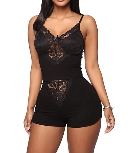 GIVTULIP Damen Sexy Pyjama Set 2-Teiliges Oberteile und Shorts Frauen Sommer Spitze Nachtwäsche Zweiteiliger Pjs Sets Elegante Cami Top Curvy Negligee Kurz Hausanzug Cami Top Unterwäsche Reizwäsche von GIVTULIP