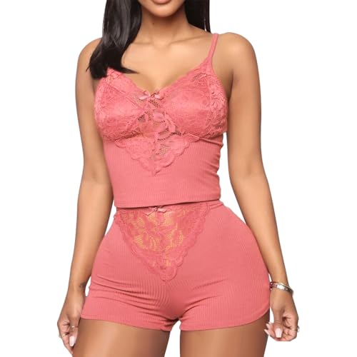 GIVTULIP Damen Sexy Pyjama Set 2-Teiliges Oberteile und Shorts Frauen Sommer Spitze Nachtwäsche Zweiteiliger Pjs Sets Elegante Cami Top Curvy Negligee Kurz Hausanzug Cami Top Unterwäsche Reizwäsche von GIVTULIP