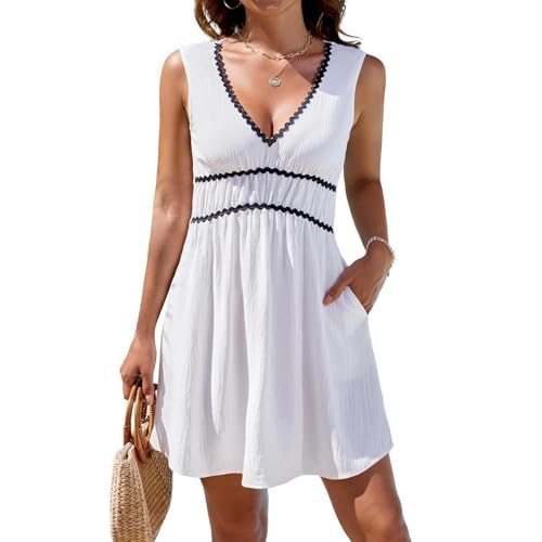 GIVTULIP Kleid Damen Sommer Knielang Freizeitkleider Ärmelloses Tank Kleid Elastic Dress Kurz Strandkleid Frauen Elegant Urlaub V-Ausschnitt Sommerkleid Leicht Casual Leicht und Luftig Blusenkleid von GIVTULIP