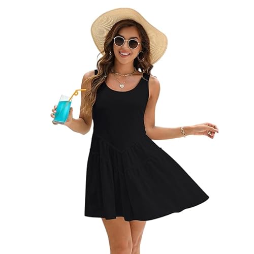 GIVTULIP Strandkleid Damen Sommerkleid U-Ausschnitt Ärmelloses Kurzarm Tunika A-Linie Kleider Sommer Kleider Elegant Freizeitkleid Knielang Minikleid Casual Leicht Elastic Dress Luftiges Kleid von GIVTULIP