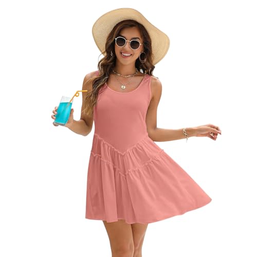 GIVTULIP Strandkleid Damen Sommerkleid U-Ausschnitt Ärmelloses Kurzarm Tunika A-Linie Kleider Sommer Kleider Elegant Freizeitkleid Knielang Minikleid Casual Leicht Elastic Dress Luftiges Kleid von GIVTULIP