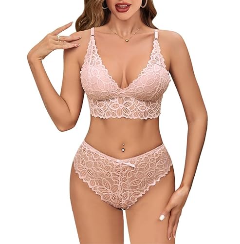 GIVTULIP Unterwäsche Set BH und Slip Dessous Damen Spitze BH Unterhosen Set Bügelfreier BHS mit Verstellbaren Trägern Push-Up Büstenhalter ohne Bügel Große Größen Babydoll Schwarz Rot S-L von GIVTULIP