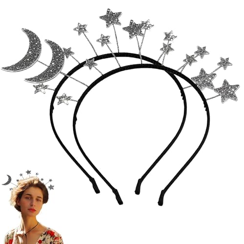 GIYAWA 2 x glitzernde Mond- und Stern-Stirnbänder aus Legierung für Damen, Mädchen, silberfarbene Kopfbedeckung, perfekt für Weltraumparty, Halloween, Planeten-Kostüm von GIYAWA