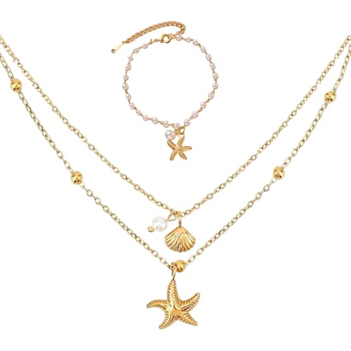 GIYAWA Muschel-Seestern-Halskette und Armband, verstellbares Charm-Schmuck-Set für Damen, Muscheln, Strandzubehör, Halskette, Stapel, Perlenkette, Edelstahl, Edelstahl, Kein edelstein GIYAWA Muschel-Seestern-Halskette und Armband, verstellbares Charm-Schmuck-Set für Damen, Muscheln, Strandzubehör, Halskette, Stapel, Perlenkette, Edelstahl, Edelstahl, Kein edelstein von GIYAWA