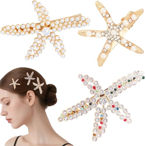 Seestern-Haarklammern, goldfarbene Strasssteine und künstliche Perlen, Strandklauen-Haarspangen für Pferdeschwanz, Urlaubs-Haarschmuck für Damen und Mädchen, 3 Stück von GIYAWA