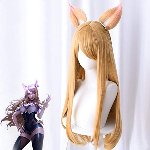 Biamoxer KDA Cosplay Kostüm Perücke Spiel LOL Ahri Cosplay Kostüm Perücke Frauen Outfit K/DA Gruppe LOL Cosplay Perücke mit Ohr Einheitsgröße Perücke mit Ohr von GJBXP