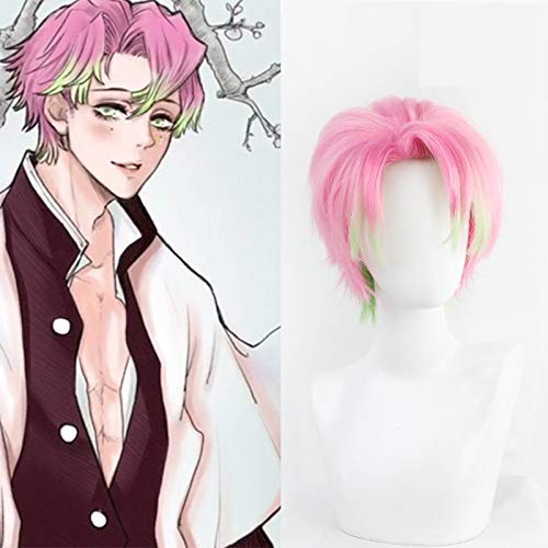 Dämonentöter Kanroji Mitsuri Cosplay Perücke Kimetsu No Yaiba Kostüm Kurzes rosa gemischtes grünes synthetisches Haar für Männer + kostenlose Perückenkappe von GJBXP
