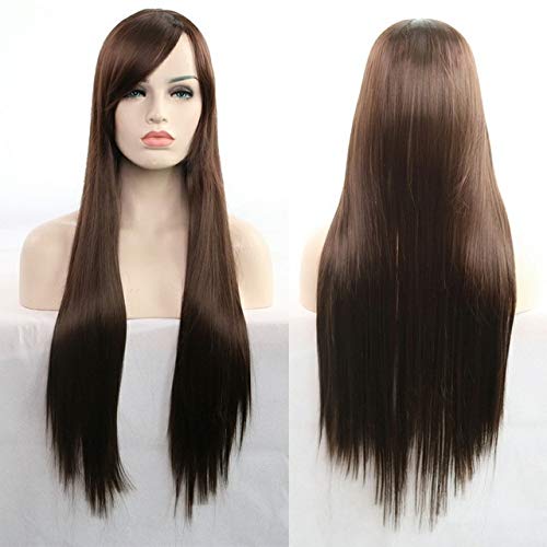 GJBXP 11 Farben 80cm synthetische lange glatte Haare Perücke schwarz grau grün blau lila rosa Haarteil Cosplay Perücken für Frauen dunkelbraun von GJBXP