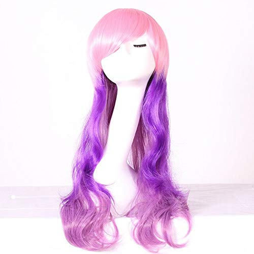 GJBXP 26 zoll Mode Billig Lange Wellenförmige Farbige Frau Perücken Anime Cosplay Halloween Lolita Blau Lila Grün Ombre Perücke Mit Pony 04 von GJBXP