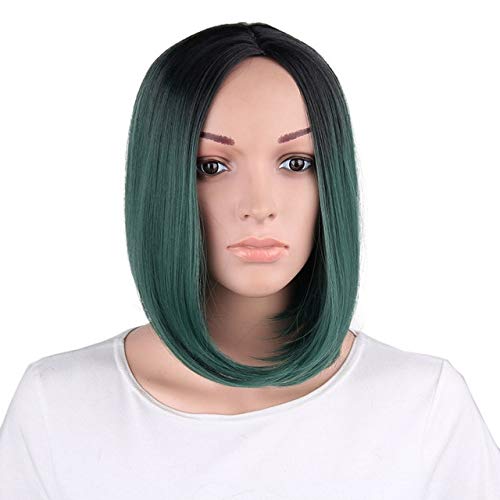 GJBXP 30 cm Gerade Kurze Ombre Perücke Cosplay Anime Hitzebeständige Synthetische Haar Frauen Schwarz Blau Grau Rosa Kurze Bob Perücken Für Party grün von GJBXP
