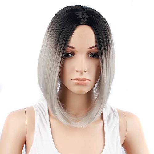 GJBXP 30 cm Gerade Kurze Ombre Perücke Cosplay Anime Hitzebeständige Synthetische Haar Frauen Schwarz Blau Grau Rosa Kurze Bob Perücken Für Party silber von GJBXP