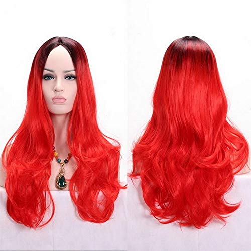 GJBXP Anime Mittelteil Dunkle Wurzel Schwarz Rosa Blau Lila Ombre Perücke Kunsthaar Lange Wellige Frau Perücken Cosplay Hochtemperaturfaser rot von GJBXP