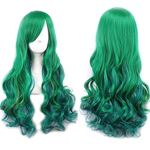GJBXP Haarteile Anime Cosplay Perücke Dunkelgrün Gradient Hochtemperatur Seide, Langes Lockiges Haar, 70 CM von GJBXP