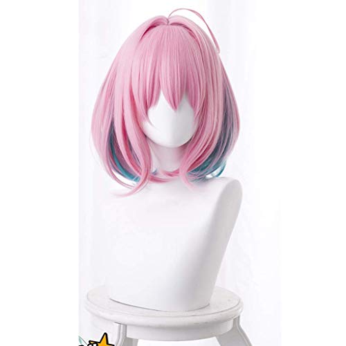GJBXP Haarteile The Idolm @ Ster Cinderella Mädchen: Starlight Stage Anime Cosplay Rose Net Perücken Hochtemperaturbeständige Faser Bob Kurze Haare Rosa + Grün 18 Zoll von GJBXP