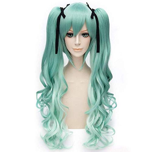 GJBXP Hairpieces Langes lockiges gewelltes Haar, Anime Cosplay Perücke, mit Pony, mit 2 Pferdeschwänzen, Perücke Snow Miku Vocaloid, 30 + 80CM von GJBXP